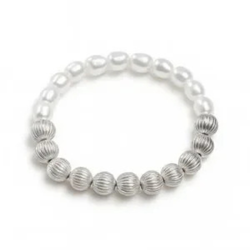 Elegant Silver Balls and Faux Pearl Beaded Stretch Bracelet
